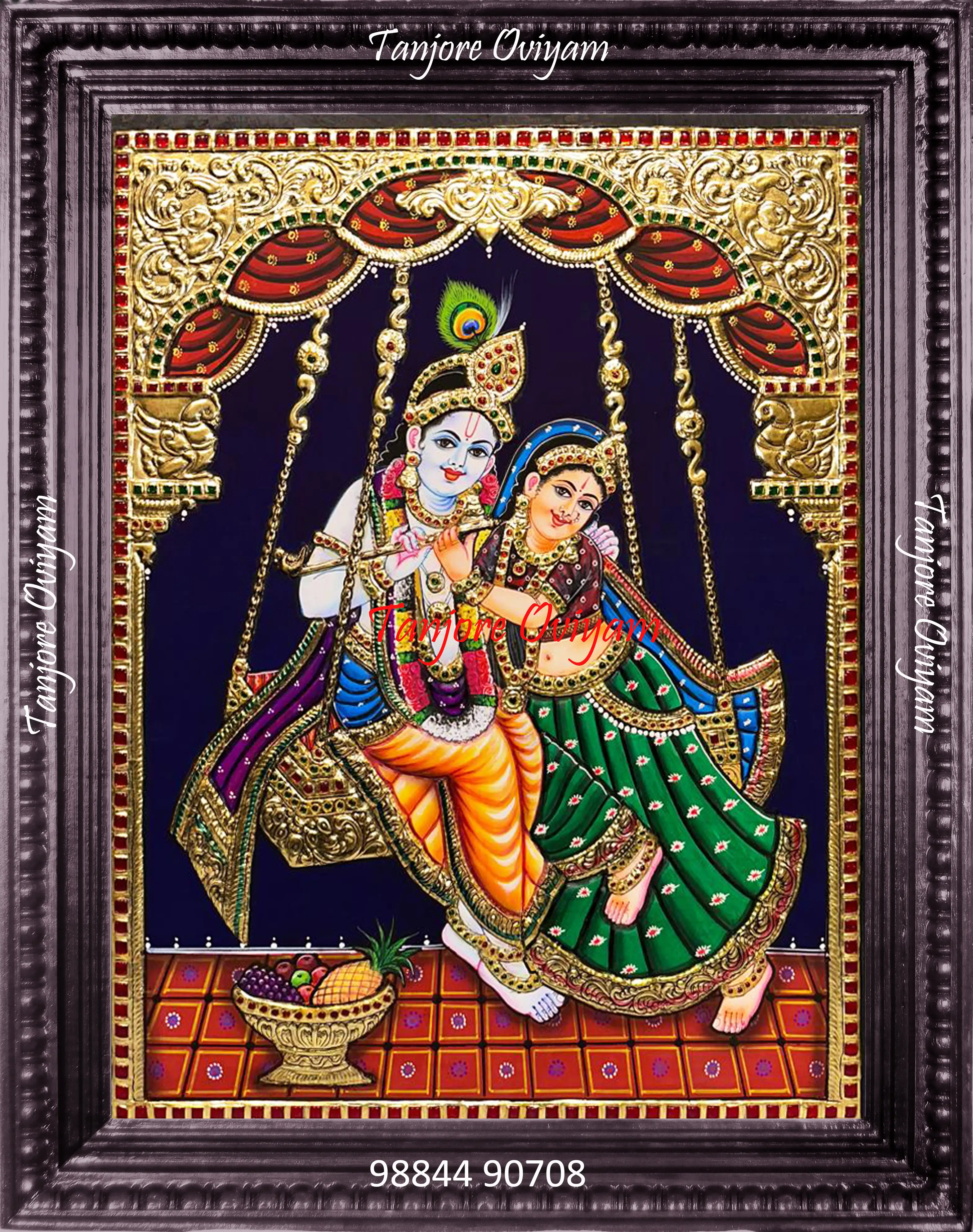 Radha Krishna authentic Tanjore artwork swing style handmade gold foil traditional couple painting